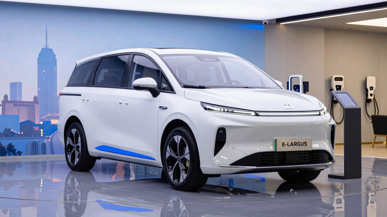 Carro elétrico branco E-Largus exposto em ambiente interno com pontos de recarga ao fundo.
