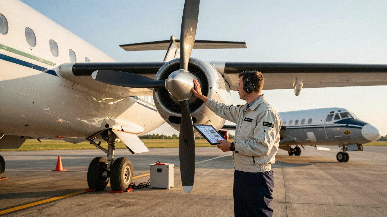 Técnico em manutenção inspeciona a hélice de avião turboélice no pátio de aeroporto ao pôr do sol.