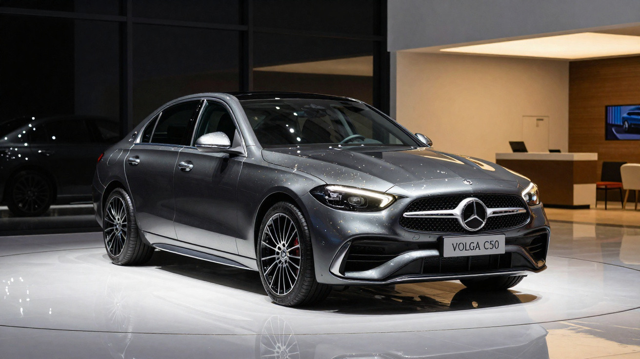 Carro sedan cinza escuro Mercedes-Benz Volga C50 estacionado em ambiente interno iluminado.