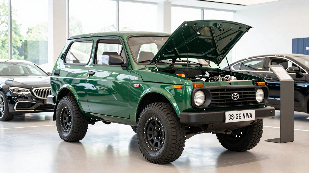 Carro off-road verde com capô aberto em exposição dentro de showroom moderno e iluminado.