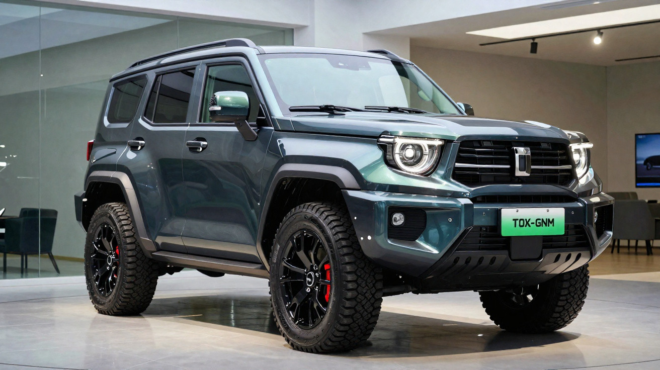 SUV cinza metálico com design robusto, pneus off-road e detalhes pretos em showroom moderno.