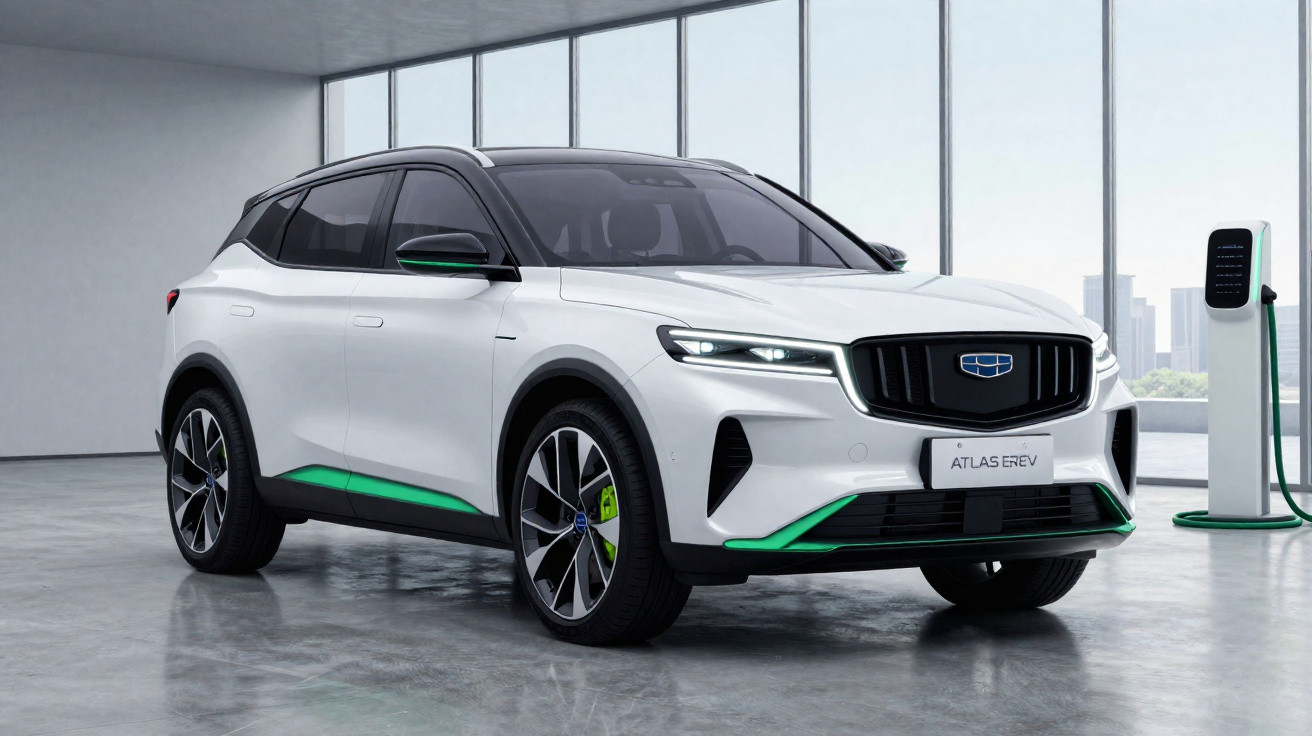 SUV elétrico branco Geely Atlas EREV com detalhes verdes estacionado próximo a carregador em ambiente moderno.