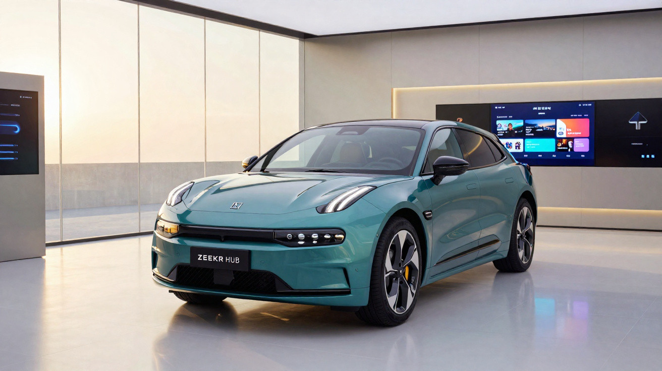 Carro elétrico Geely Zeekr 001 verde em exposição interna moderna com tela digital ao fundo.