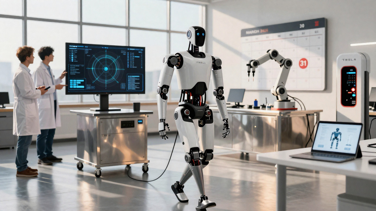Robô humanóide caminhando em laboratório moderno com dois cientistas e equipamentos tecnológicos avançados.