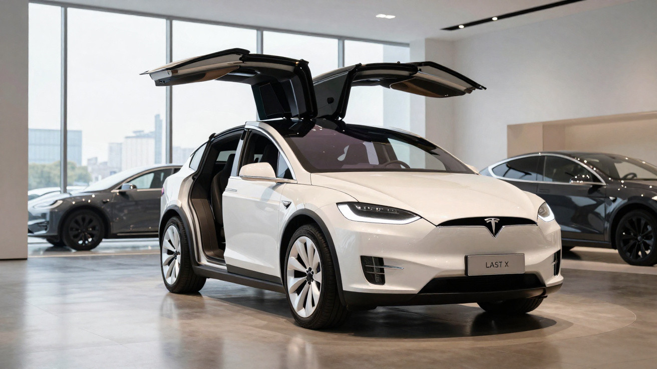 Carro elétrico Tesla branco com portas tipo asa de gaivota abertas em showroom moderno.