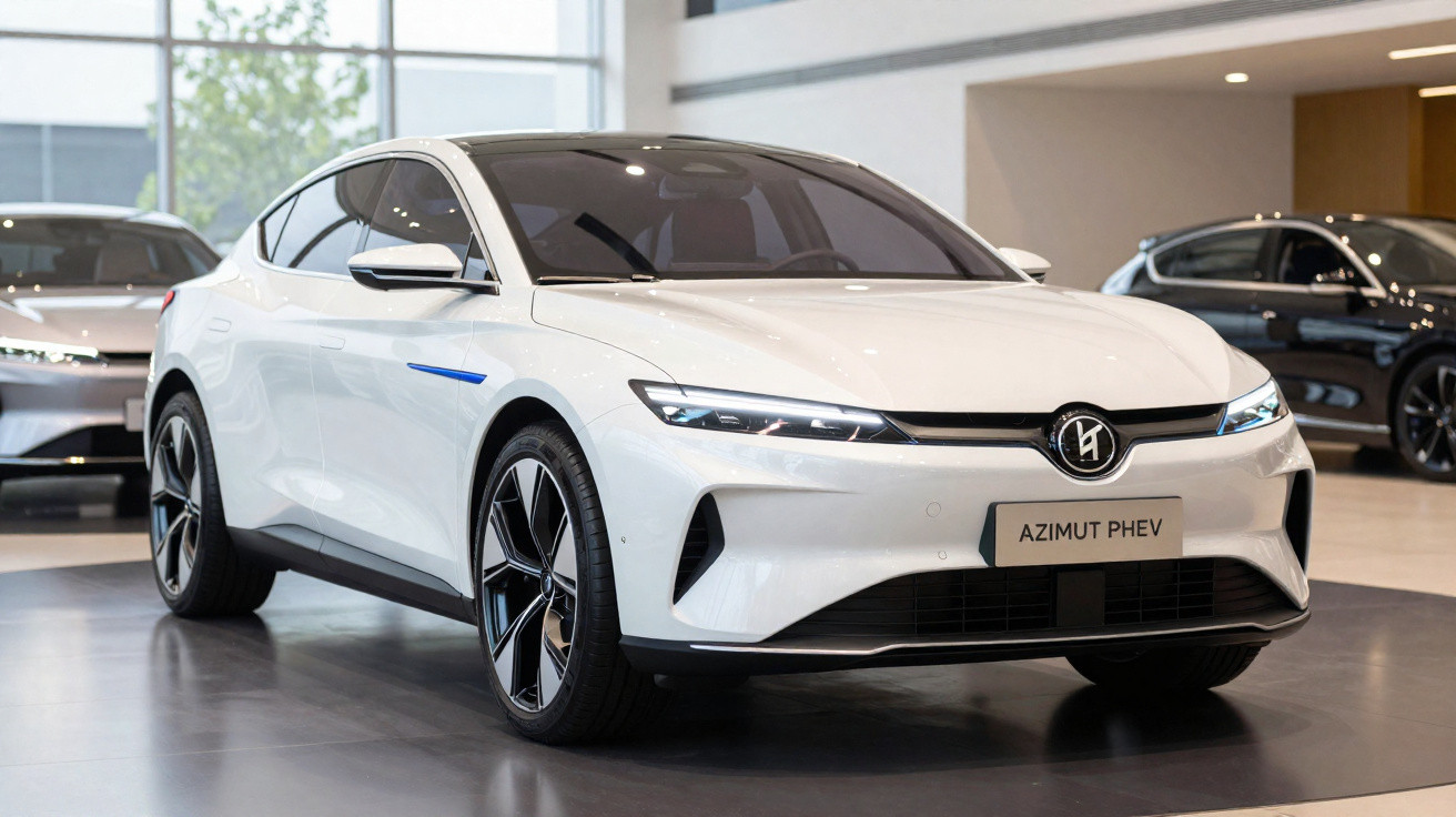 Carro elétrico branco Azimut PHEV em exposição em showroom moderno.