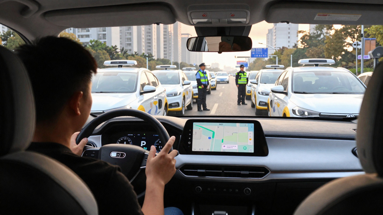 Motorista dentro de carro autônomo com tela de navegação, policiais e veículos em controle de tráfego à frente.
