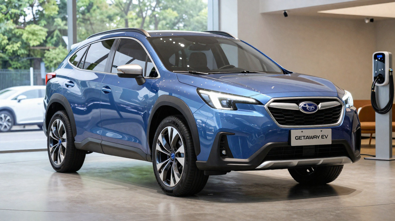 Carro elétrico Subaru Getaway EV azul estacionado em showroom com carregador elétrico ao lado.