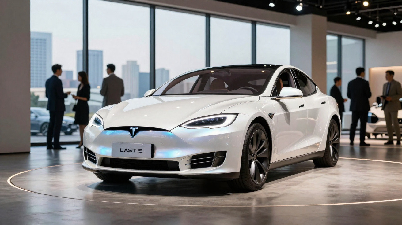 Carro elétrico Tesla branco modelo LAST S em exposição, com pessoas conversando ao fundo em ambiente moderno.