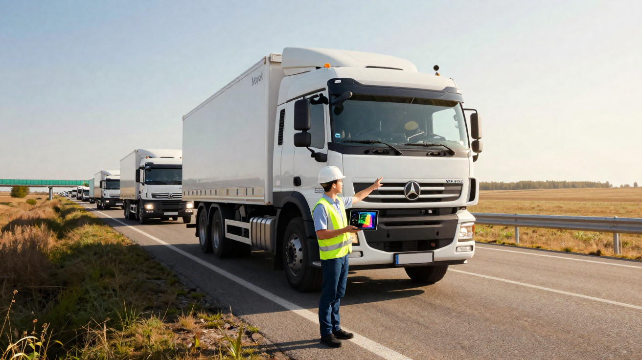 Homem com colete e capacete verifica caminhões brancos estacionados na estrada durante o dia.