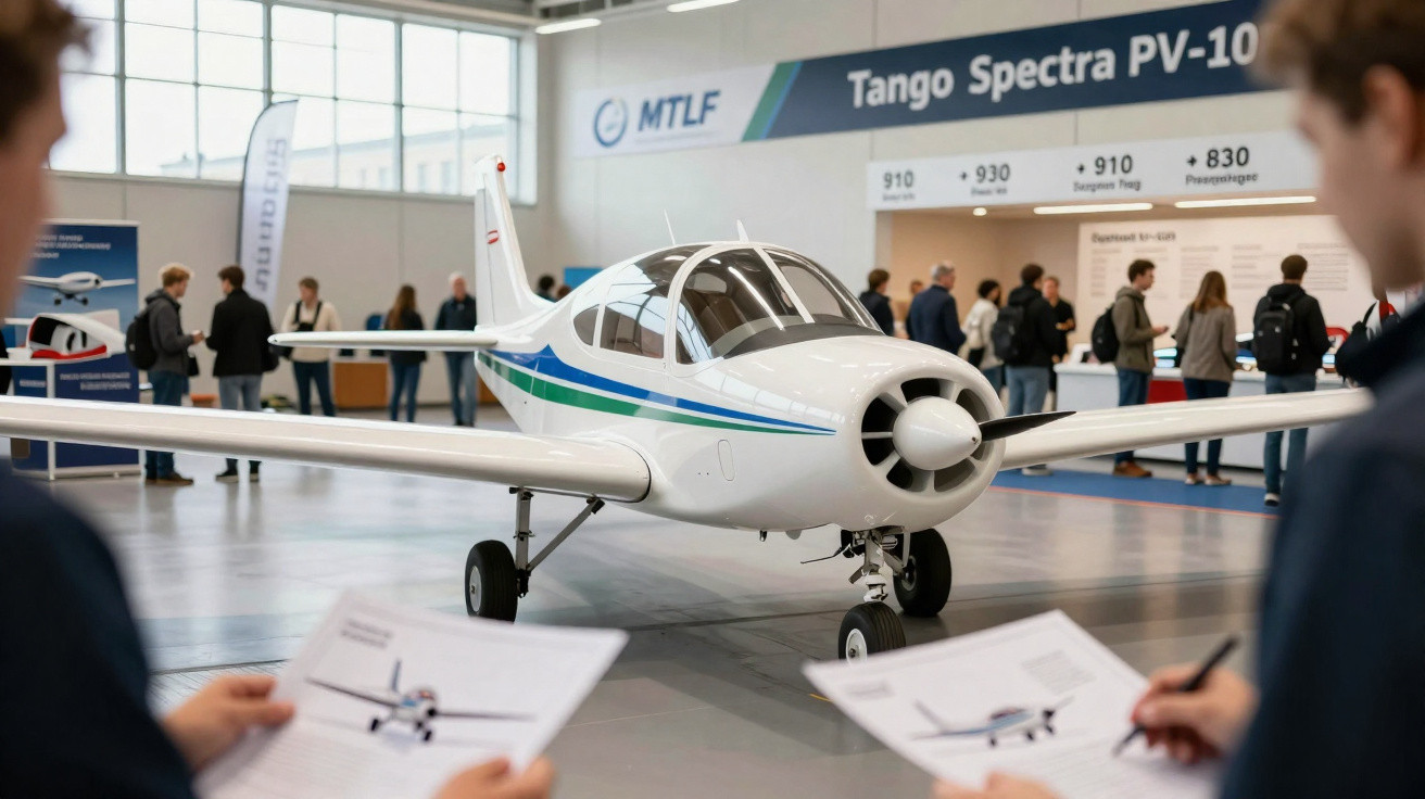 Avião pequeno branco exposto em feira de aviação com pessoas ao fundo e duas pessoas em primeiro plano.