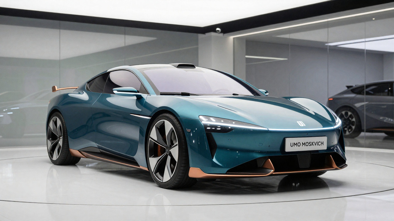 Carro esportivo elétrico azul com detalhes em cobre exibido em showroom moderno e minimalista.