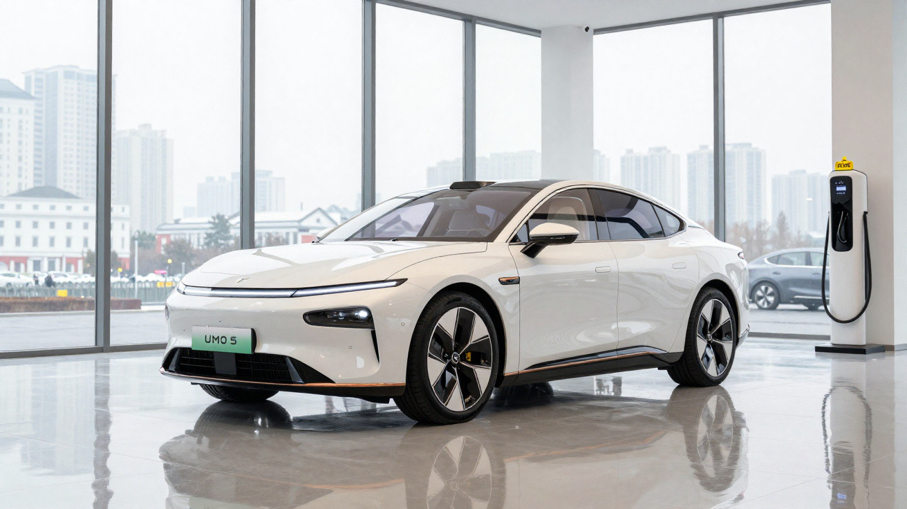 Carro elétrico branco exposto em showroom moderno com janela grande e estação de carregamento.