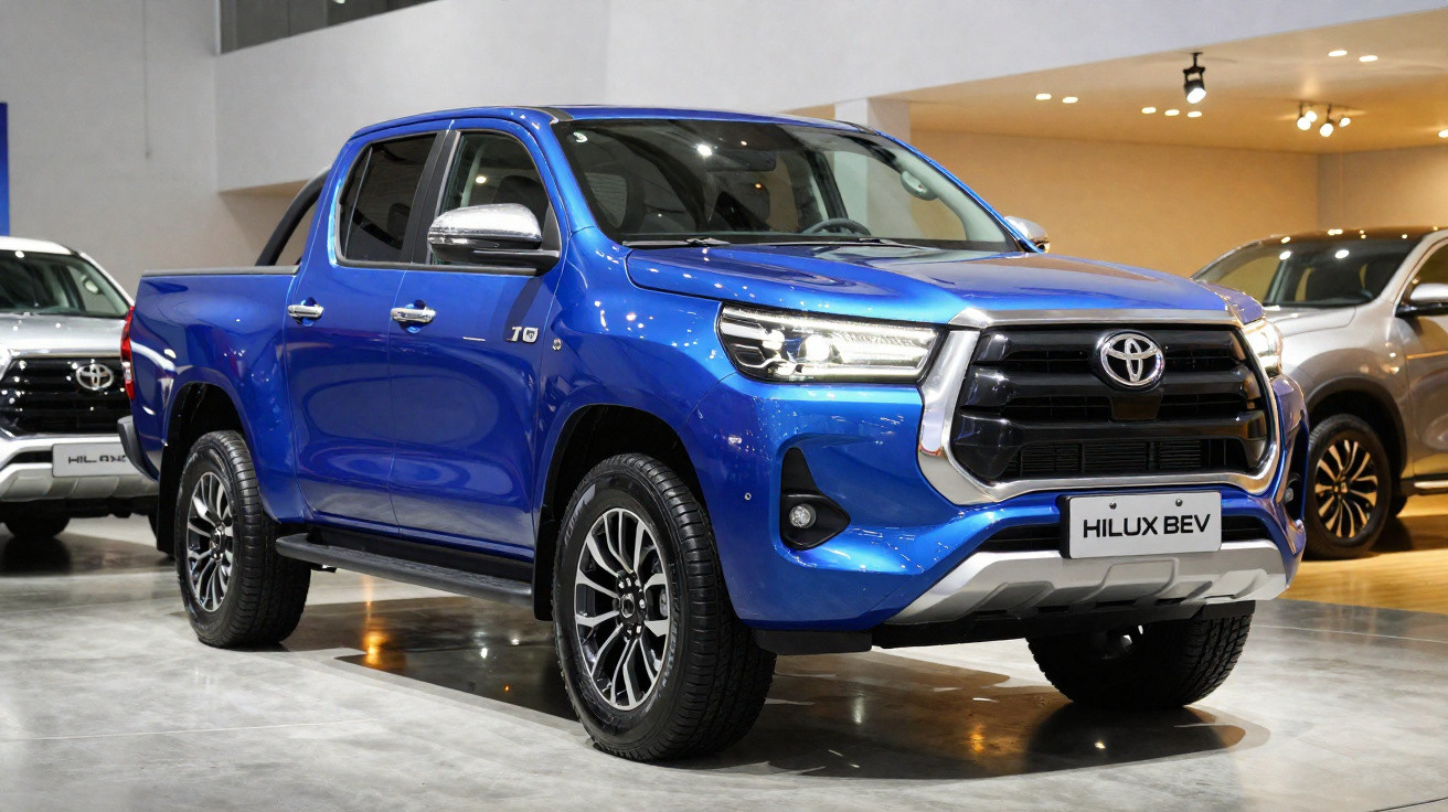 Picape Toyota Hilux BEV azul em exposição interna, com acabamento cromado e faróis LED.