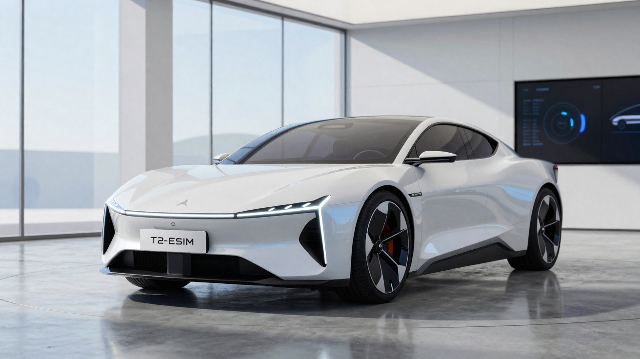 Carro esportivo elétrico branco com design futurista exibido em salão moderno com piso de concreto.