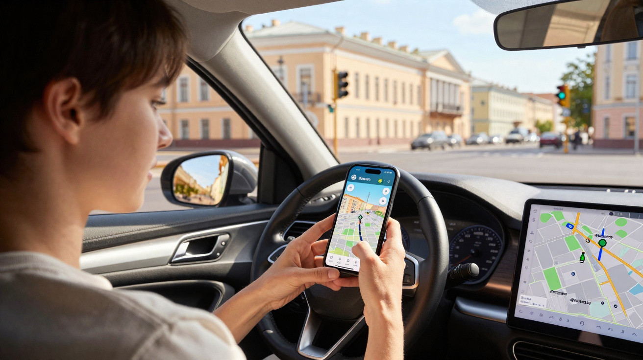 Pessoa segura celular com aplicativo de mapa dentro de carro parado no semáforo em área urbana.