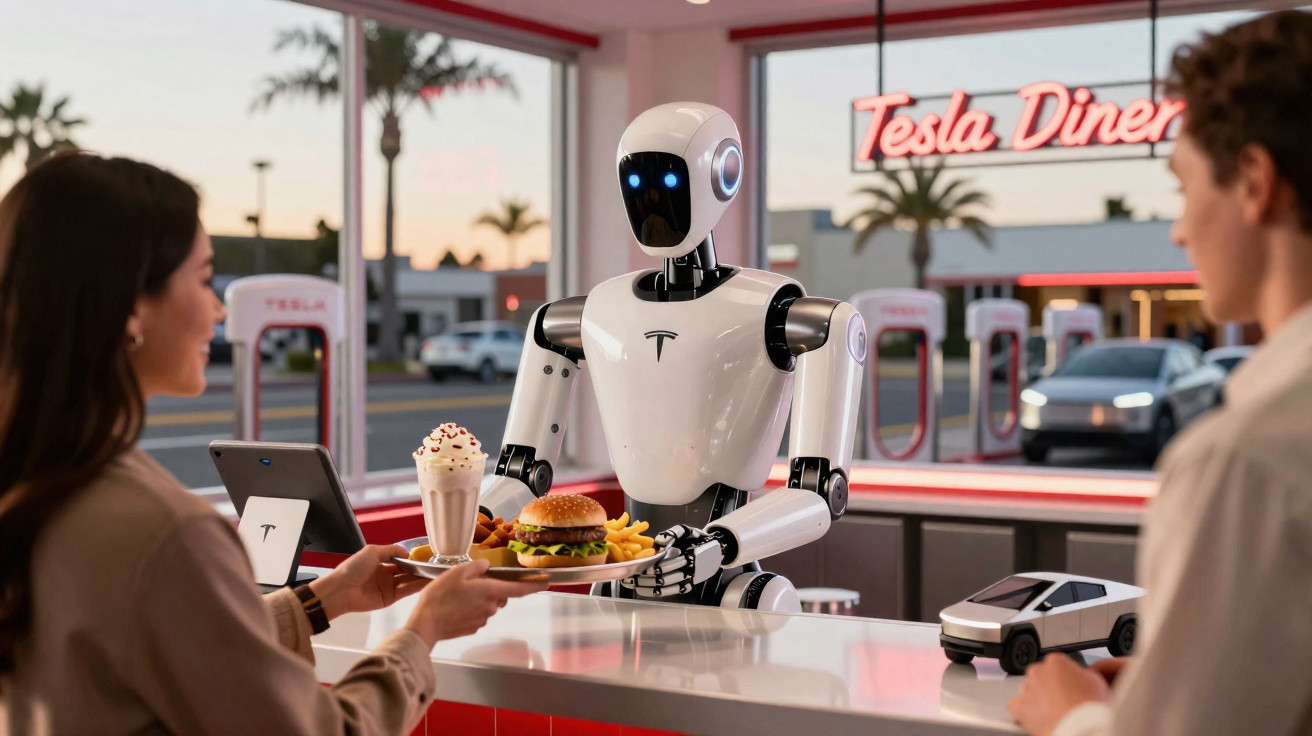 Robô atendente serve hambúrguer e milk-shake para clientes em lanchonete Tesla com carros elétricos ao fundo.