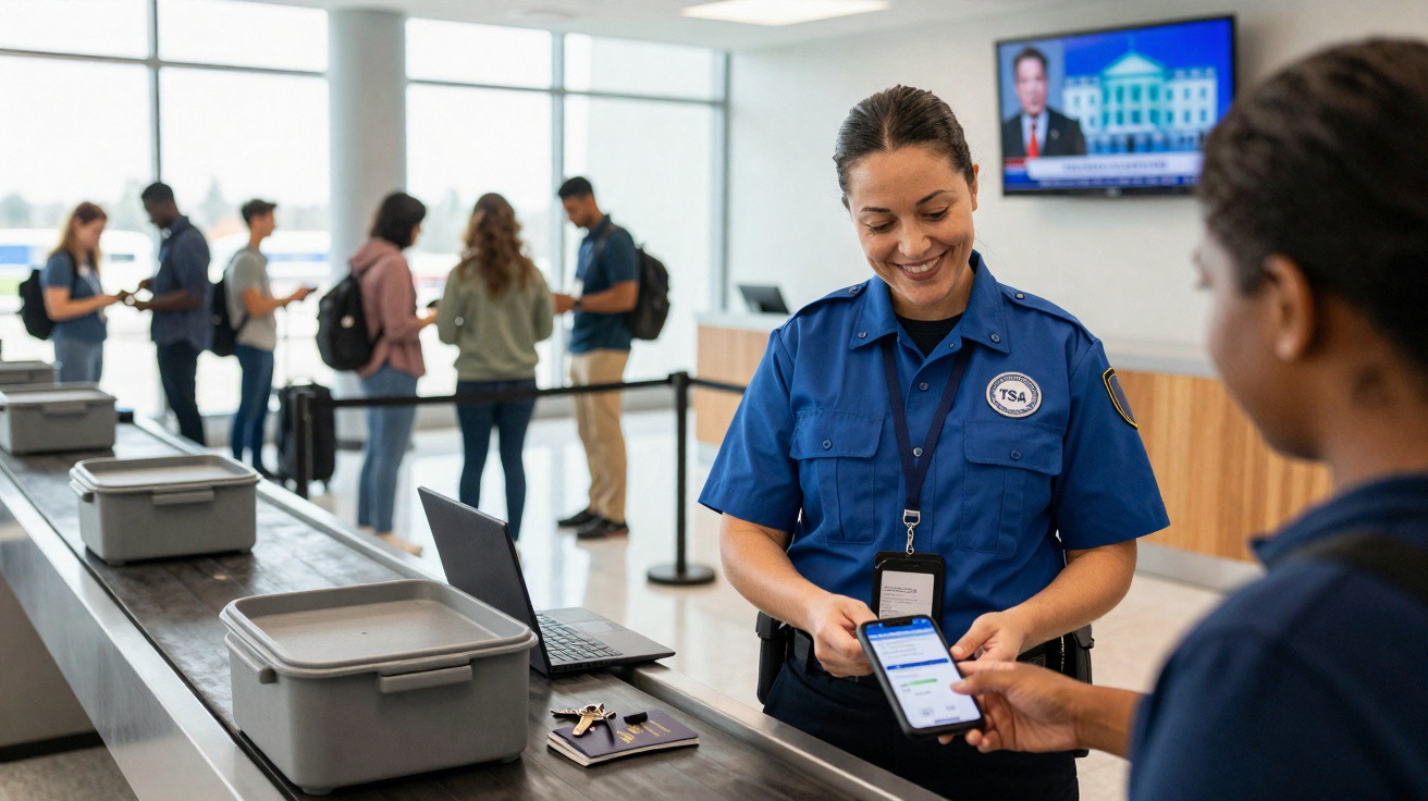 Agente da TSA sorrindo enquanto verifica passagem de passageiro no controle de segurança do aeroporto.