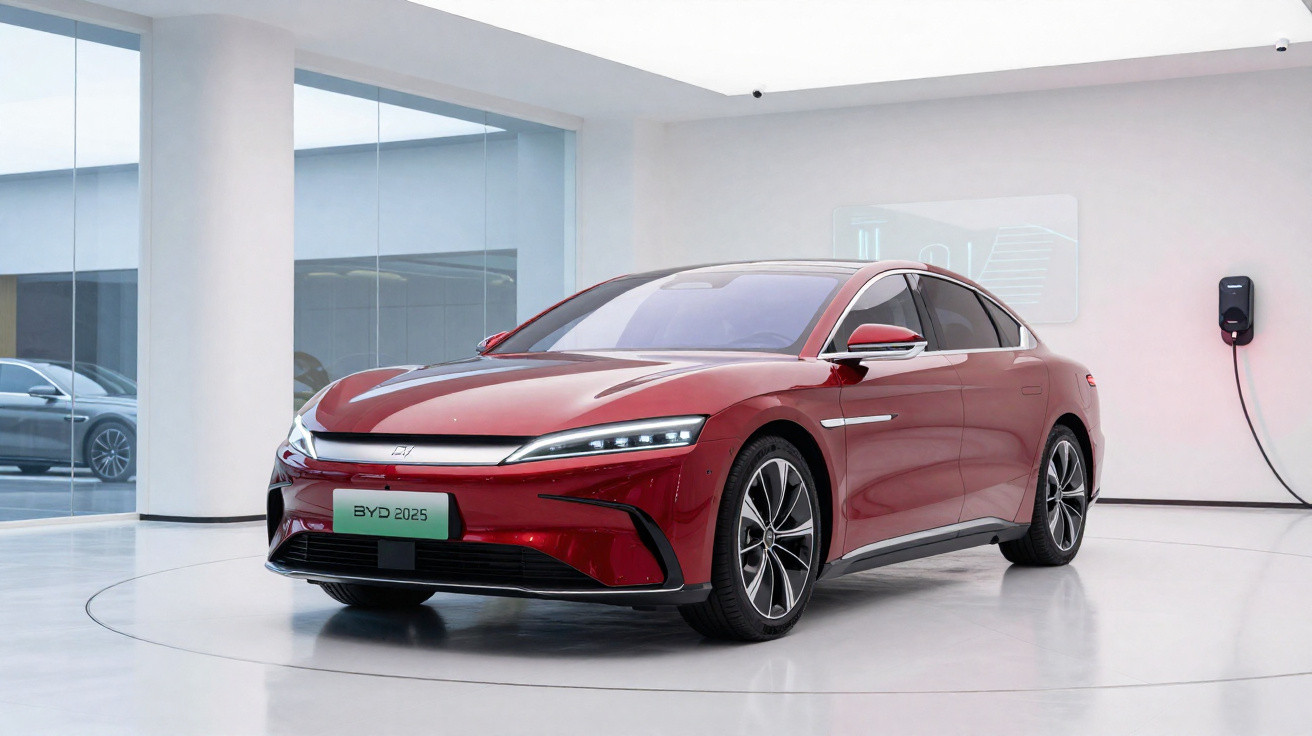 Carro elétrico sedã vermelho BYD 2025 em ambiente interno moderno com carregador na parede branca.