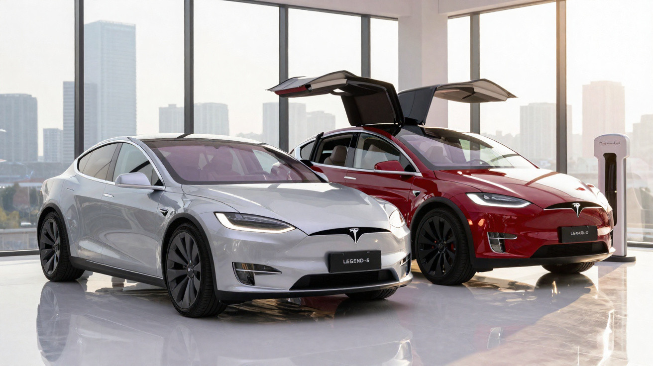 Dois carros elétricos Tesla Model X Legend-S em um showroom com portas traseiras abertas, branco e vermelho.