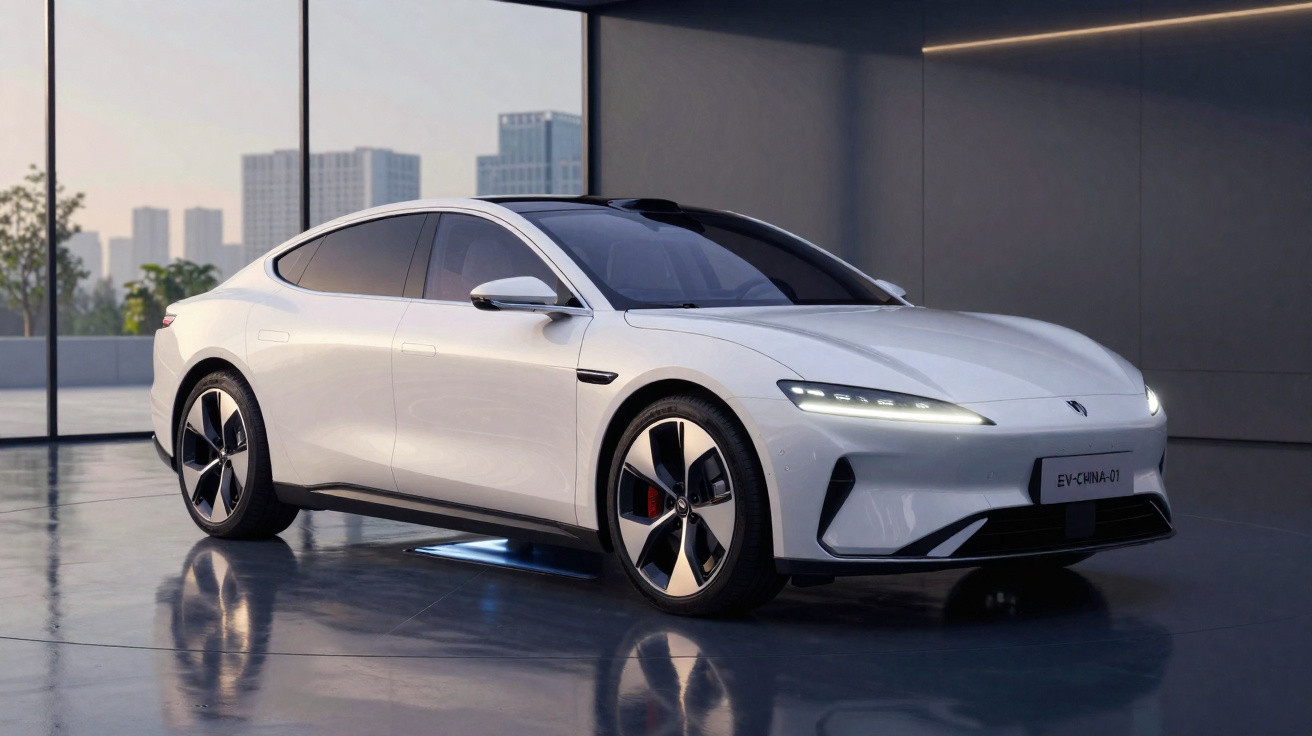 Carro elétrico branco estacionado em ambiente interno com grandes janelas e vista para prédios ao fundo.