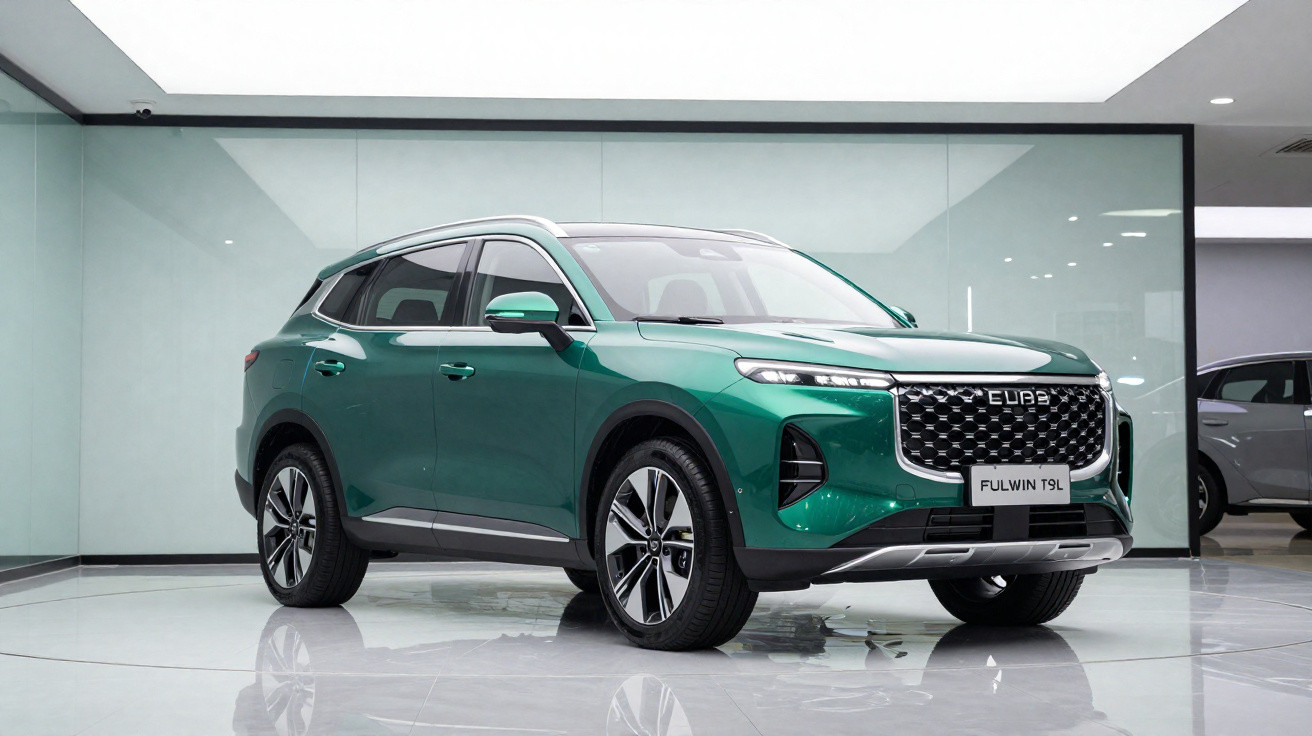 Carro SUV verde metálico Fulwin T9L em exposição em ambiente moderno com piso branco brilhante.