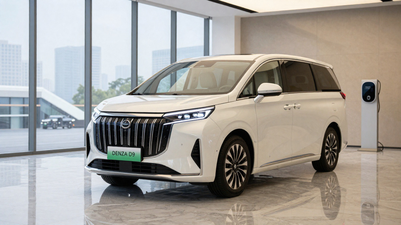 Carro elétrico branco Denza D9 estacionado em showroom moderno com piso de mármore e carregador ao fundo.