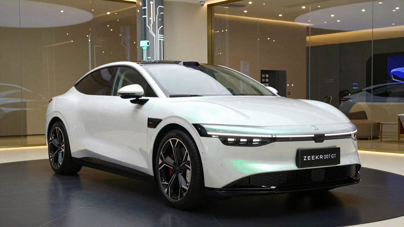 Carro elétrico branco Zeekr 007 GT exposto em ambiente moderno com iluminação suave.