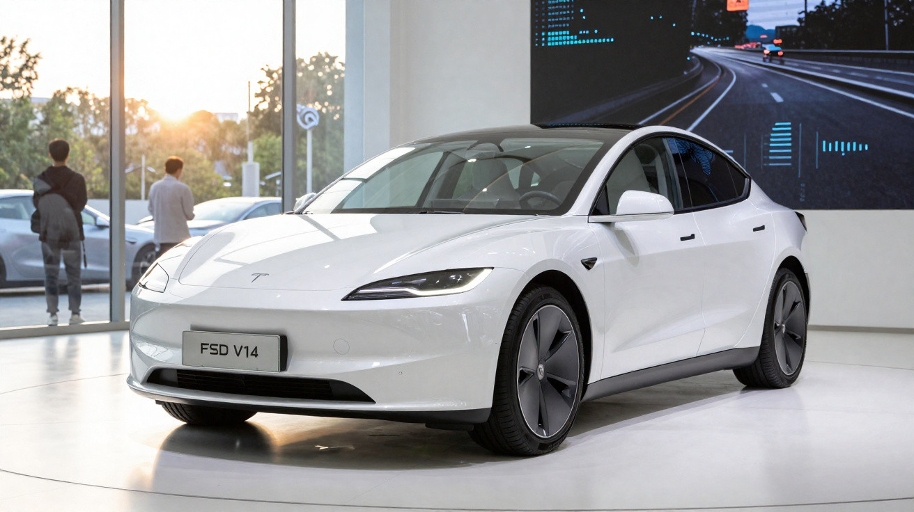 Carro elétrico branco Tesla Model S exposto em ambiente interno com pessoas ao fundo.