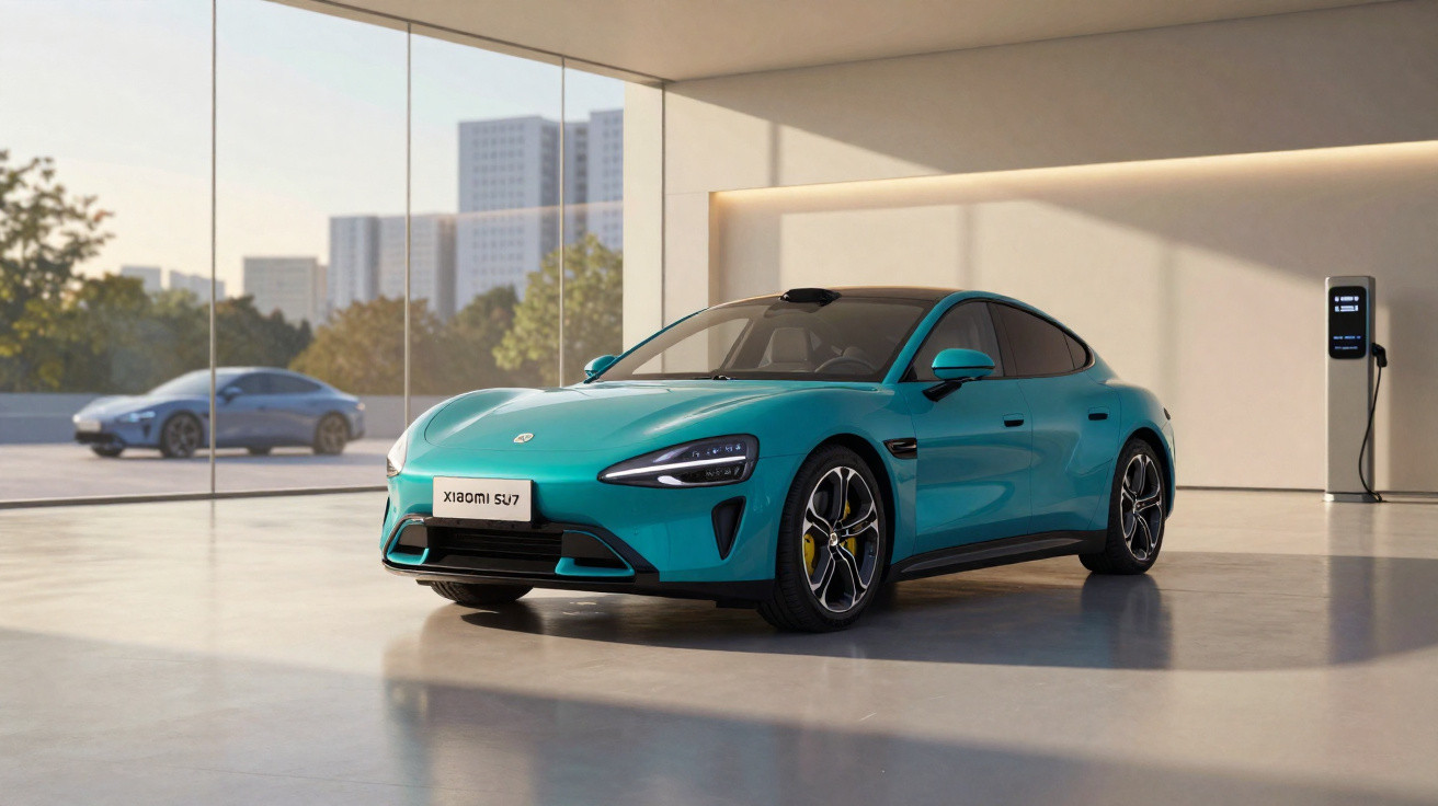 Carro elétrico azul Xiaomi SUV estacionado em ambiente moderno com parede de vidro e carregador.