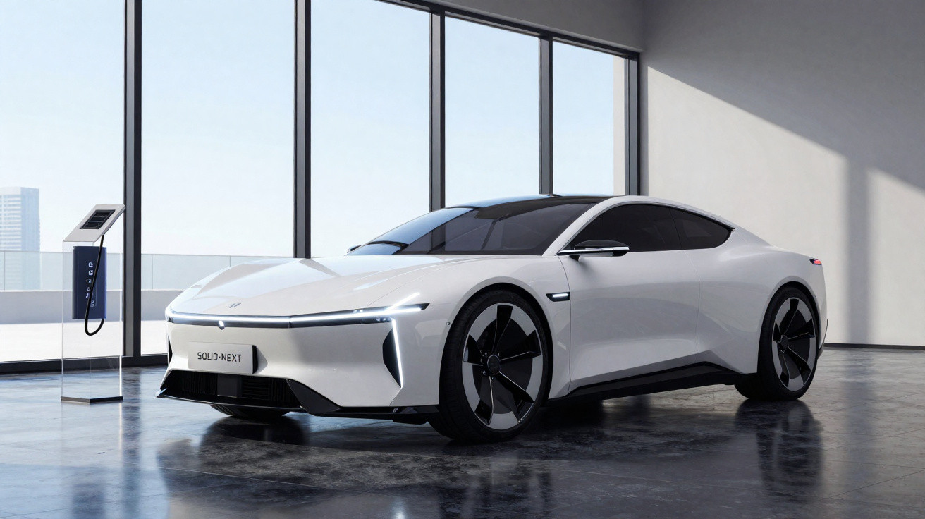 Carro elétrico branco moderno estacionado em salão com grandes janelas e estação de recarga ao lado.