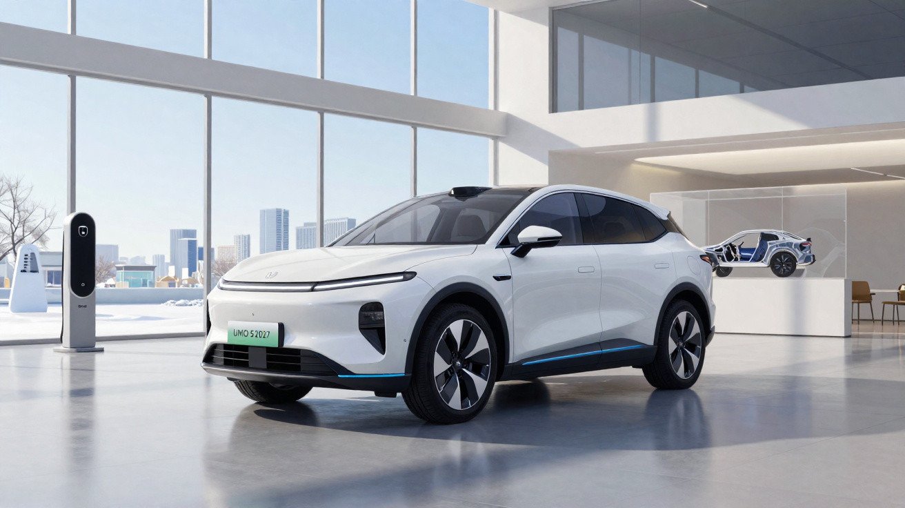 Carro elétrico branco estacionado em showroom moderno com grandes janelas e iluminação natural.