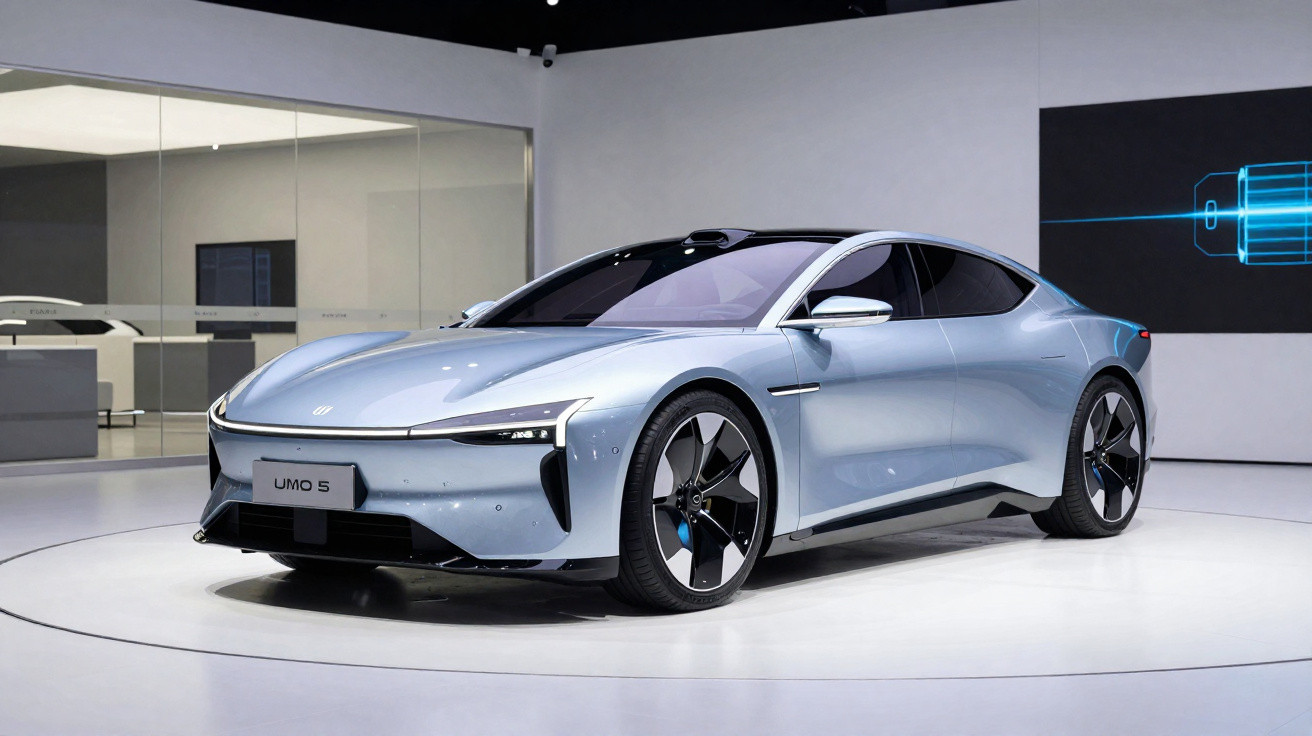 Carro elétrico azul em exposição, modelo UMO 5 com design futurista e rodas grandes.