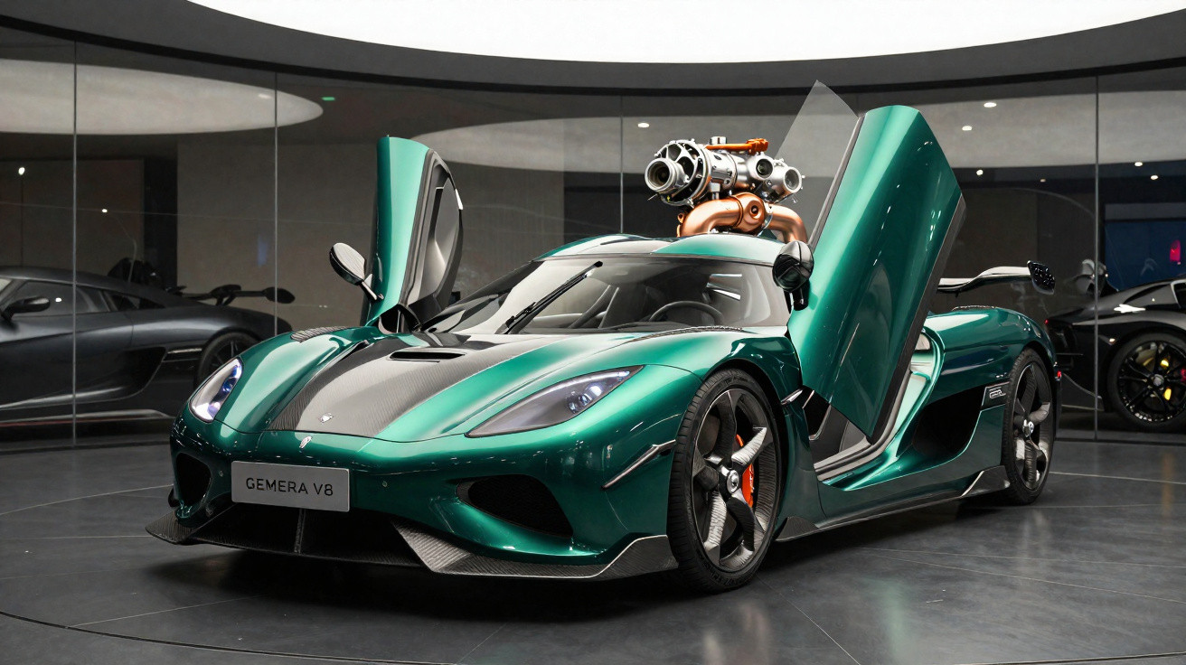 Carro esportivo verde com portas abertas para cima, motor visível e design aerodinâmico em showroom.