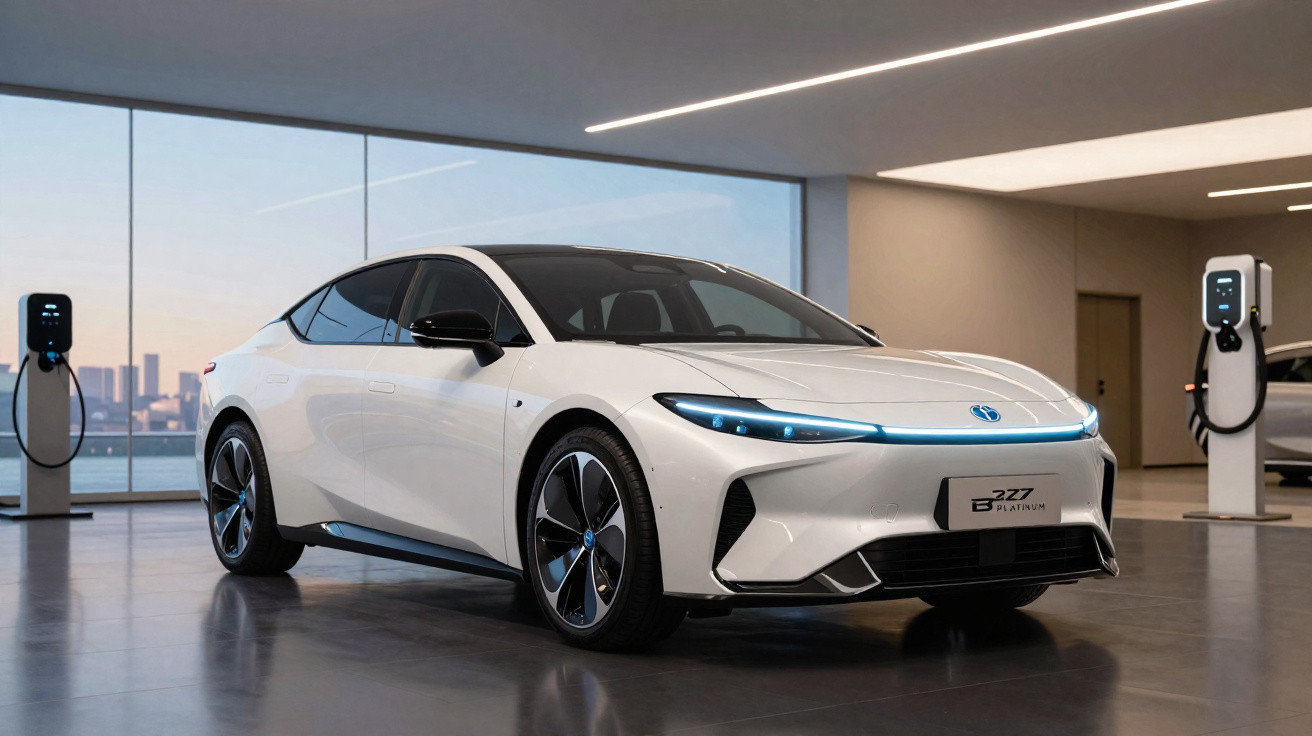 Carro elétrico branco moderno estacionado em ambiente interno com estações de recarga ao fundo.