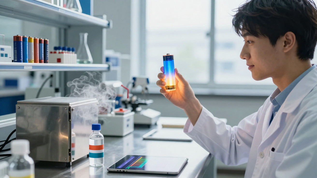 Pesquisador em laboratório segurando uma bateria iluminada, com equipamentos científicos na mesa.
