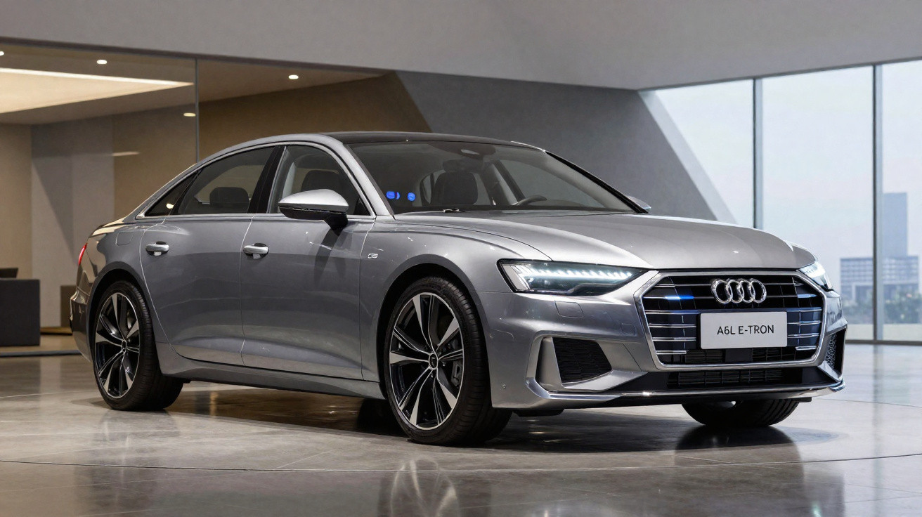 Carro Audi A6L E-Tron prata estacionado em ambiente interno moderno com grandes janelas de vidro.
