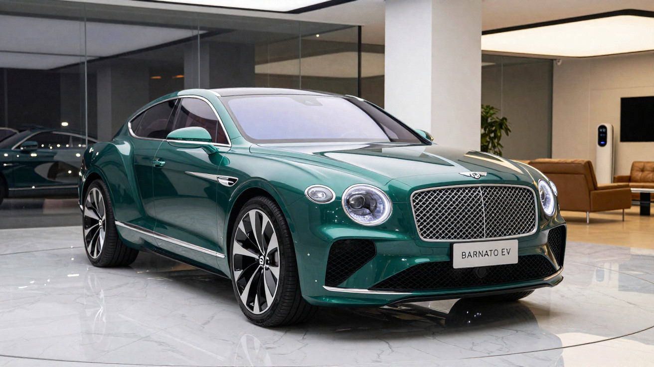 Carro elétrico verde Bentley Barnato EV exibido em showroom moderno com piso de mármore.