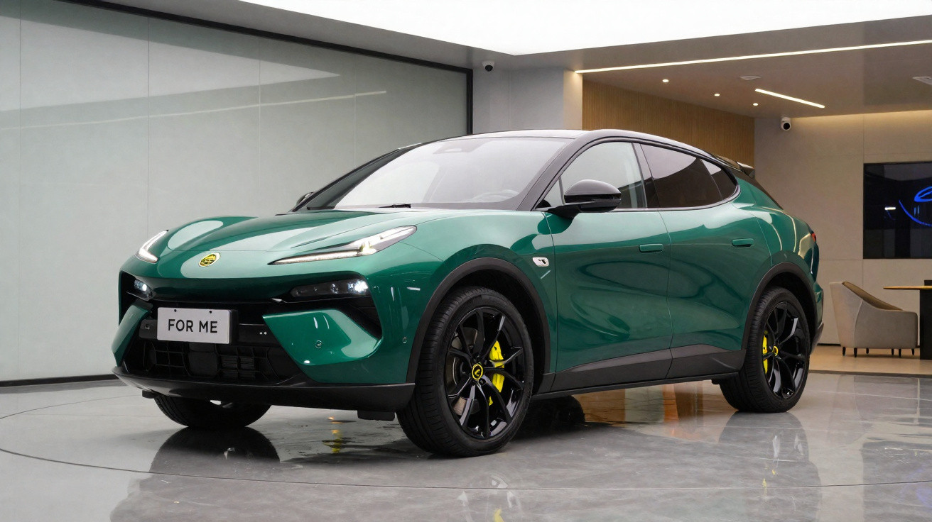 Carro elétrico SUV verde metálico com rodas pretas e detalhes amarelos exibido em salão moderno.
