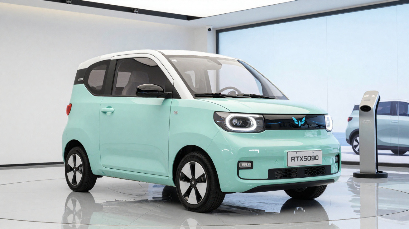 Carro elétrico compacto verde claro com teto branco em ambiente interno moderno e minimalista.