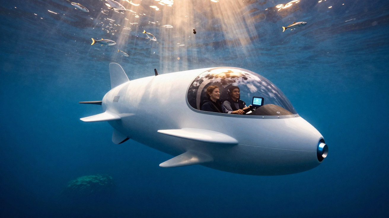 Dois passageiros dentro de um pequeno submarino branco navegando em águas profundas com peixes ao redor.