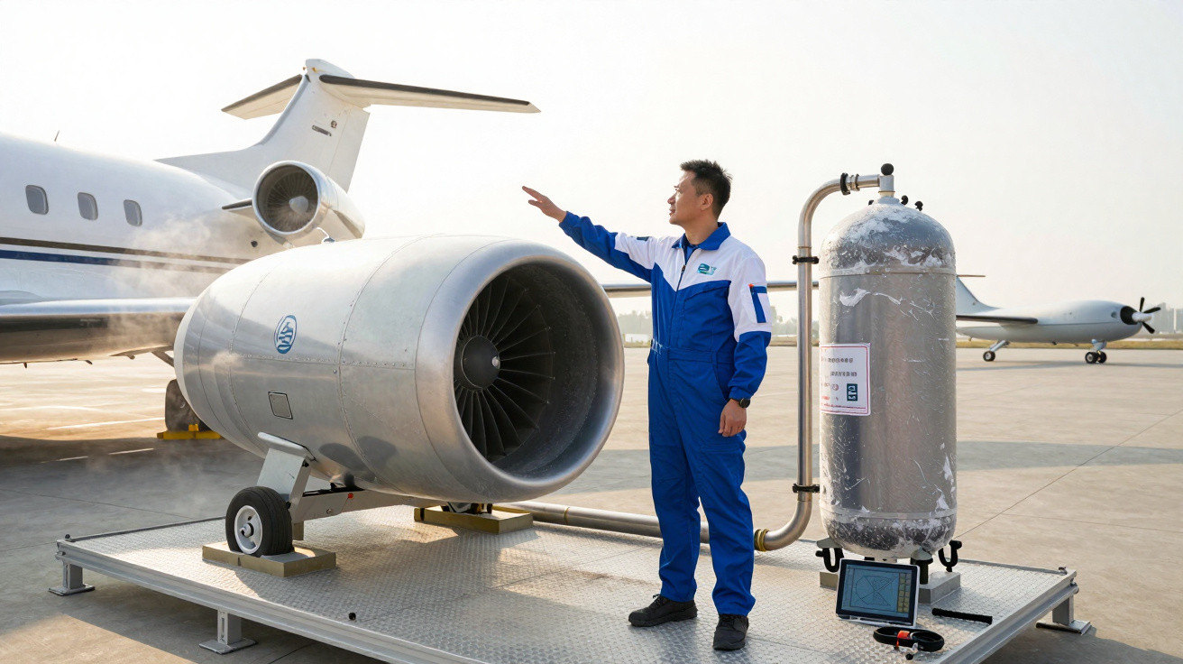 Técnico em macacão azul inspecionando motor de avião em área de manutenção ao ar livre.