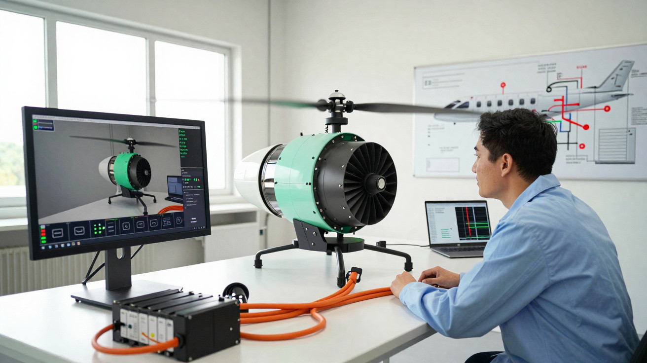 Engenheiro analisa motor de avião elétrico e trabalha com simulação em computador em laboratório.