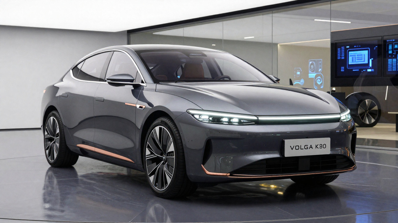 Carro elétrico cinza modelo Volga K30 exibido em ambiente interno moderno, com design aerodinâmico e faróis LED finos.