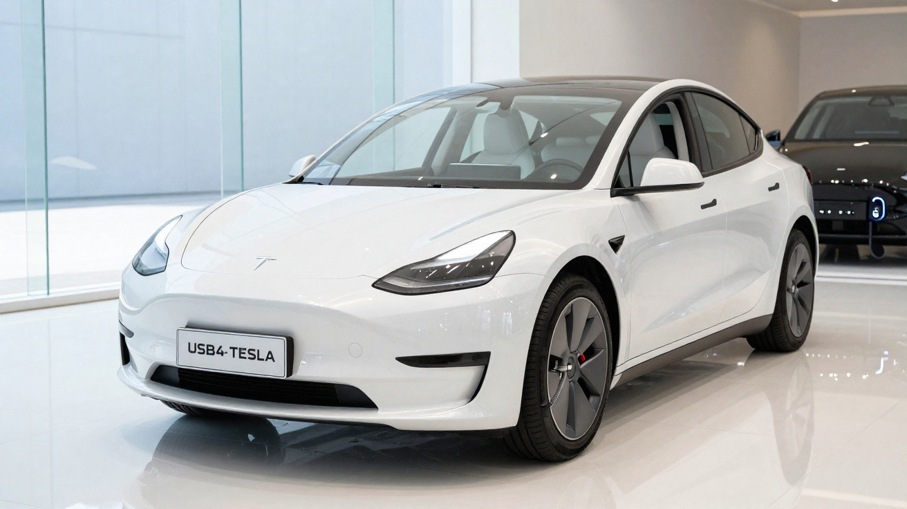 Carro branco Tesla Model 3 estacionado em ambiente interno com piso branco brilhante
