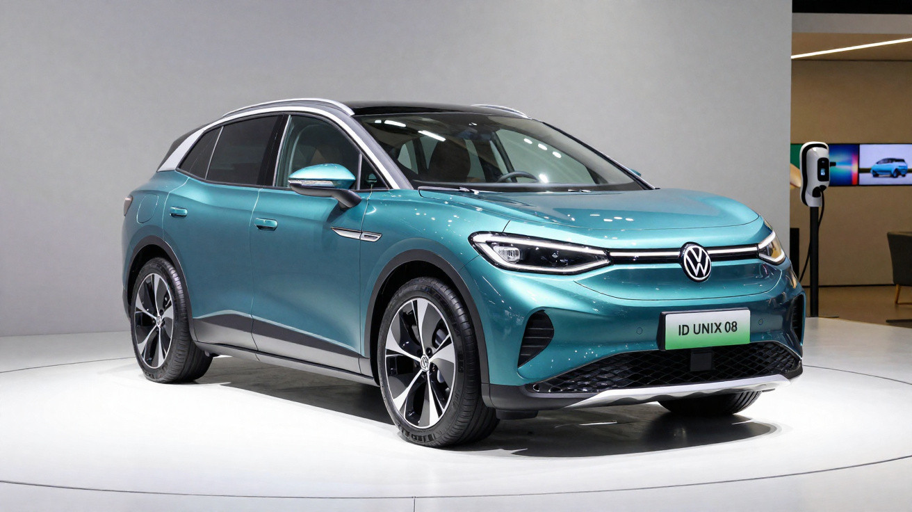 Volkswagen ID. Unix 08 elétrico azul exibido em plataforma branca em ambiente moderno.