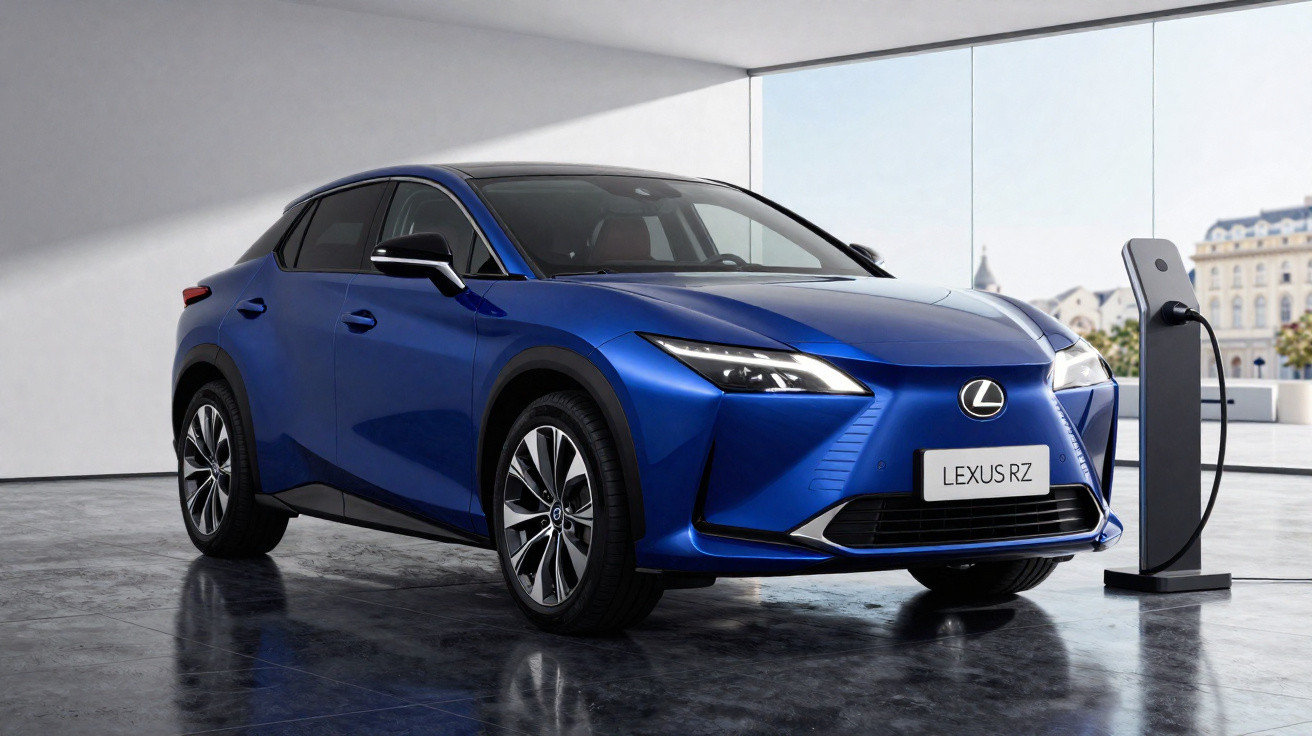 Carro elétrico Lexus RZ azul conectado a estação de carregamento em ambiente interno moderno.