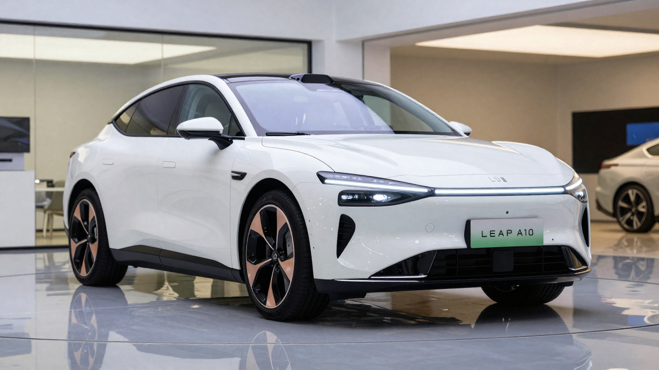 Carro elétrico branco modelo Leap A10 em exposição, com design moderno e aerodinâmico.