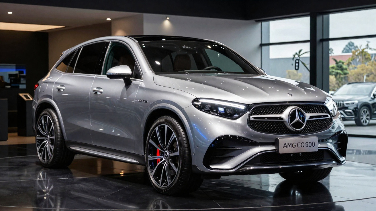 Carro SUV Mercedes-Benz AMG EQ 900 prata exibido em ambiente interno moderno.