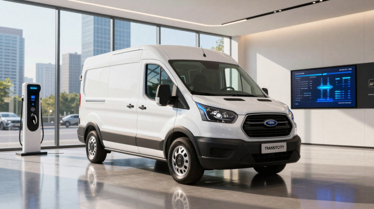Furgão branco Ford Transit City estacionado em showroom moderno com carregador elétrico à esquerda.
